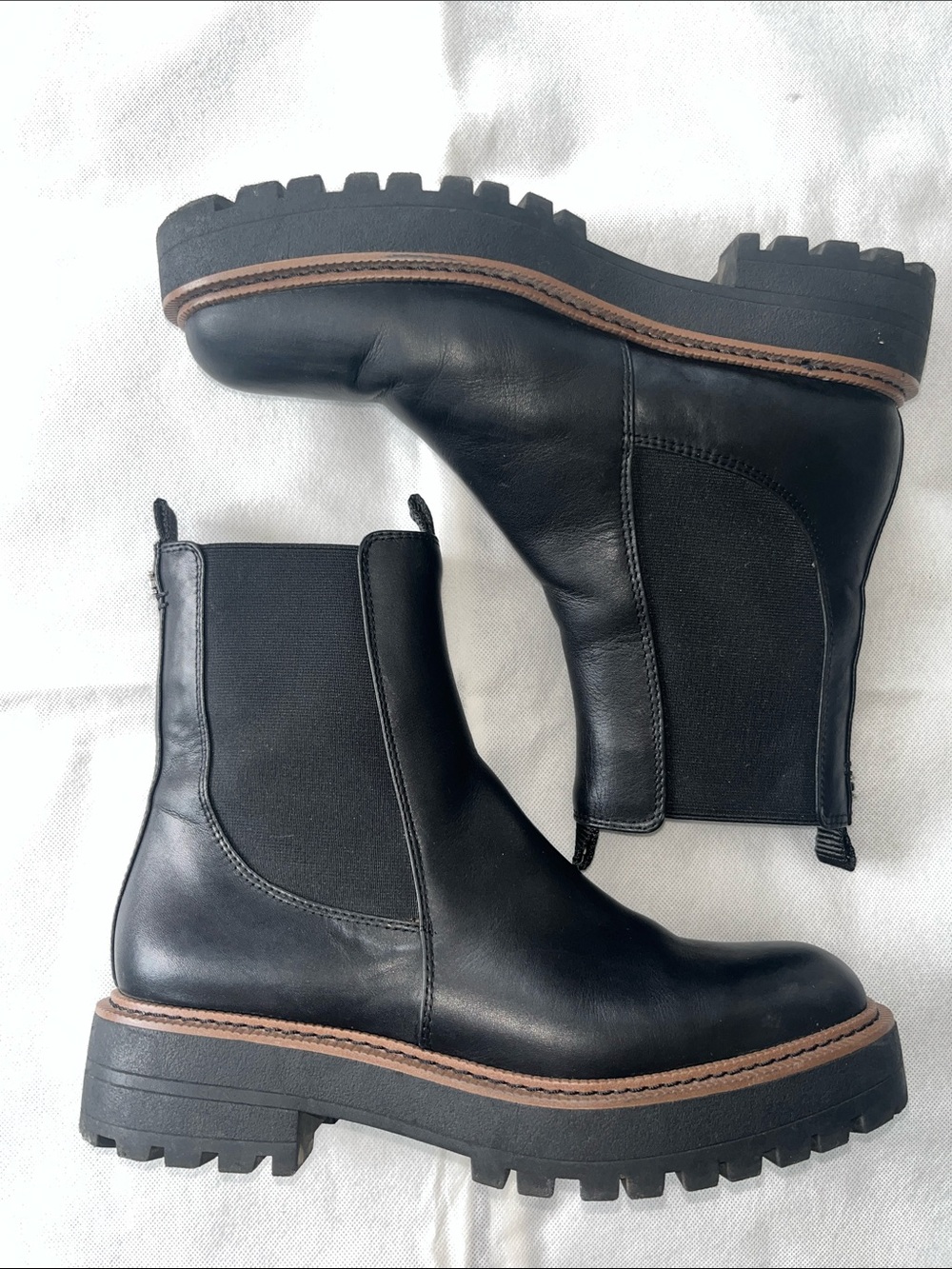 Sam Edelman Black Leather Chelsea Lug Boots with Brown Welt